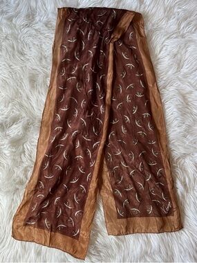 Kenzo Vintage 100% Silk Long Scarf – Brown, Tan, Crescent Moon & Green Floral 🌙🌿